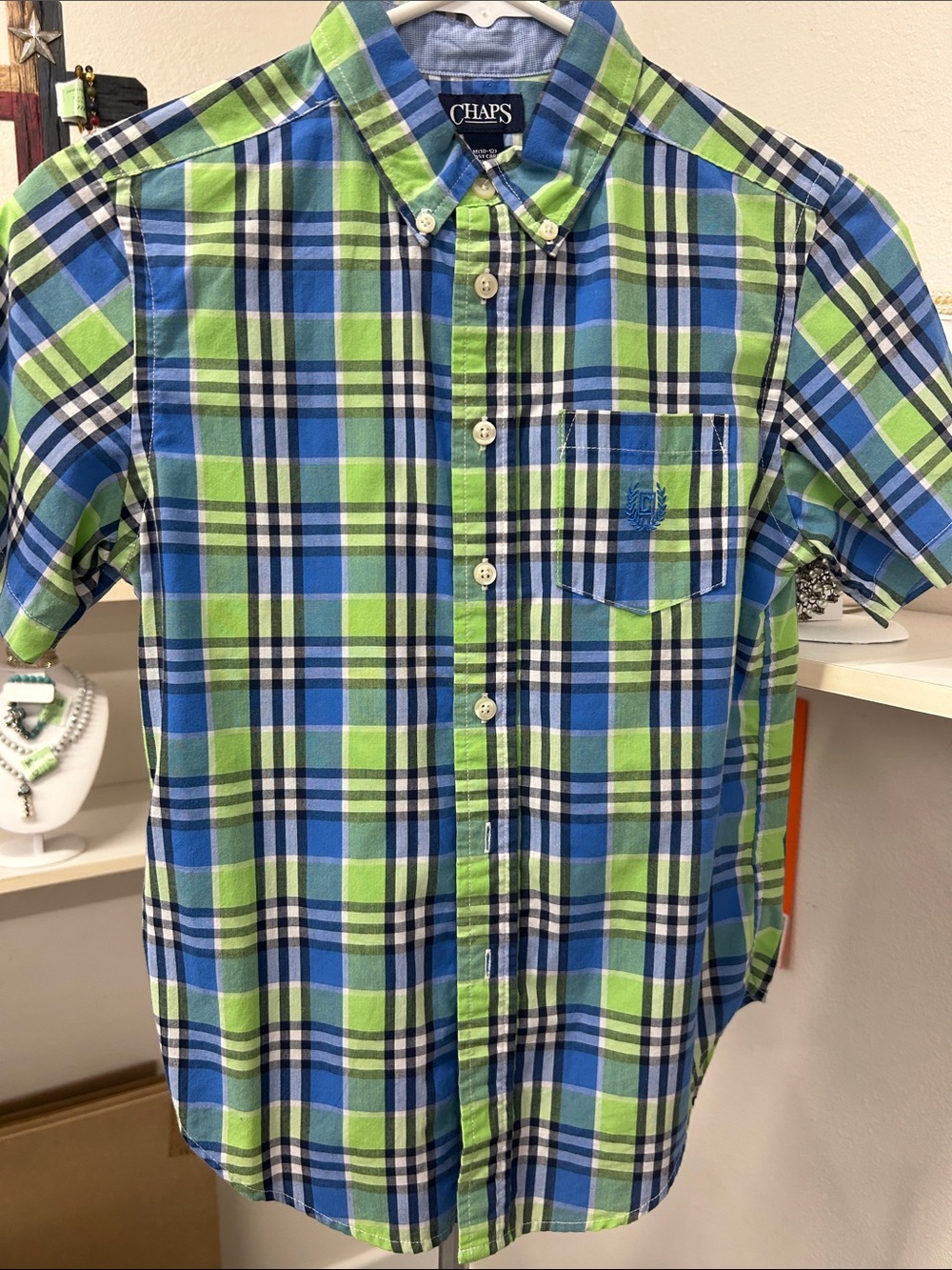 Chaps Boys Green & Blue Plaid Short-Sleeve Button-Down